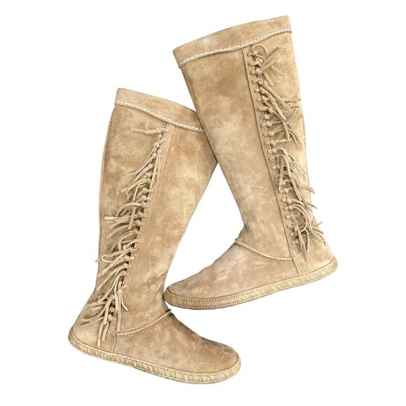 UGG Boots Women’s SZ8 “Mammoth” Fringe On TheSide Tall Suede Leather Camel Color - Picture 4 of 7